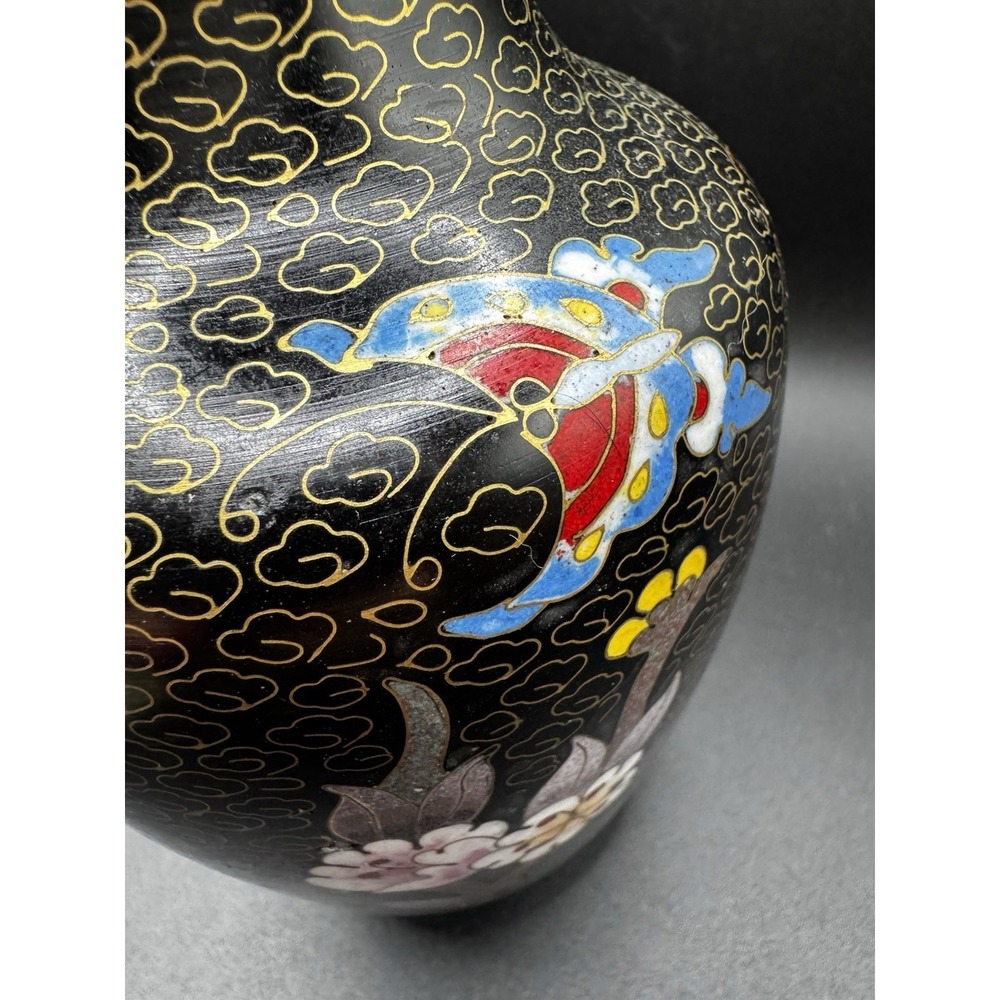 Vintage Brass And Cloisonne Vase China - 8" Flowers Butterfly - Pink & Yellow - Picture 7 of 13
